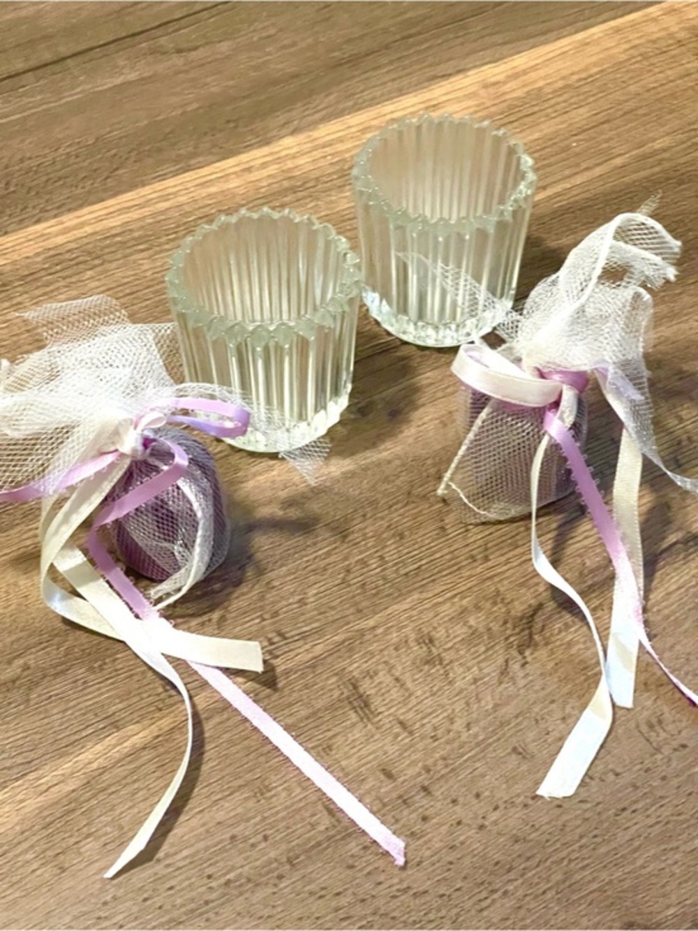Votive Candle & Holder Set w/ White Tulle and Lilac Ribbon!